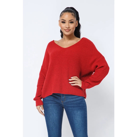 Women's Twist Open Back Loose Fit Long Sleeve Cozy Sweater
