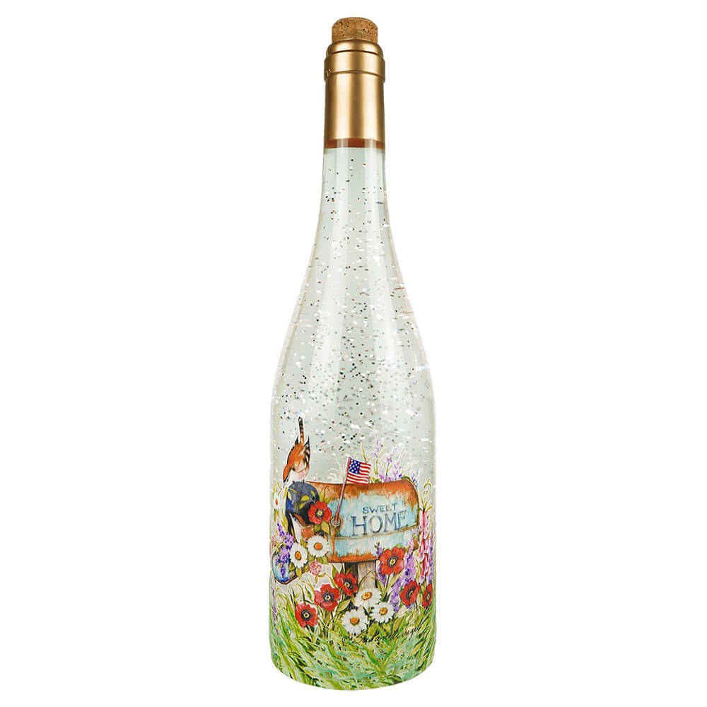 Lighted Wine Bottle With Swirling Glitter Christmas Cheer Design Snow –  Lighted Water Lanterns