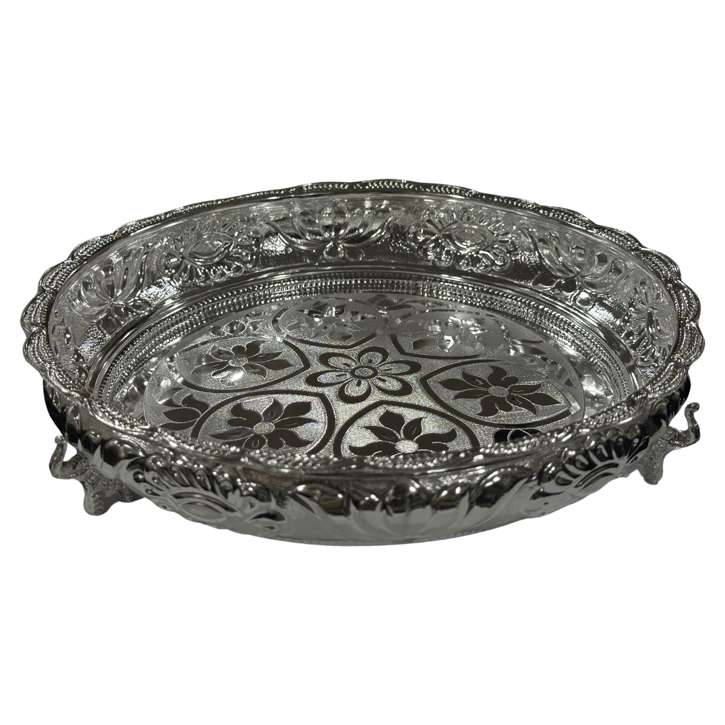 925 Sterling Silver Designer Hallmarked Puja Plate with Elephant Stand - Style#08