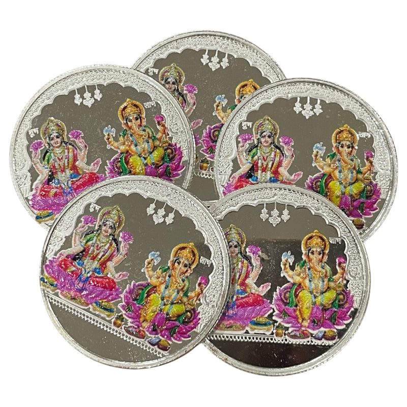 999 Pure Silver Ganesha Lakshmi / Laxmi Twenty Gram Meena Coins (Set of Five Coin)