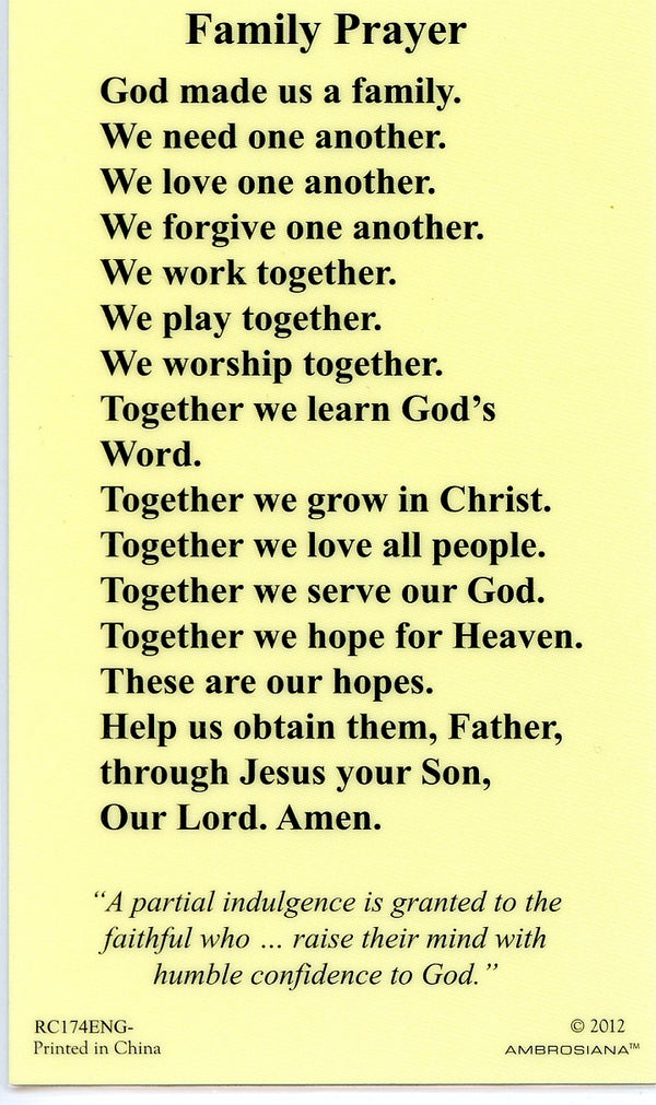 FAMILY PRAYER- LAMINATED HOLY CARDS- QUANTITY 25 PRAYER CARDS ...