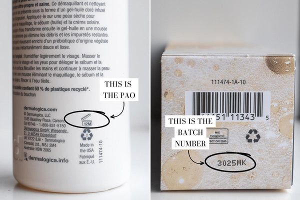 Image explaining where the PAO and batch number is on Dermalogica Skincare Packaging