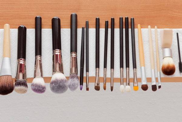 Line of makeup brushes after cleaning drying on paper towel