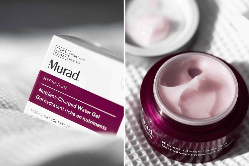 Images showing the packaging of Murad Nutrient-Charged Water Gel and the pink, gel moisturizer texture