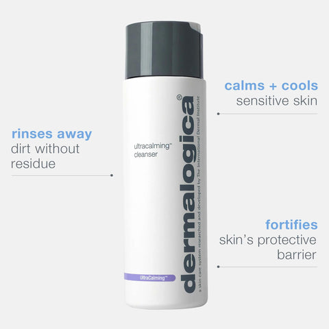 Dermalogica UltraCalming Cleanser with points describing benefits for skin
