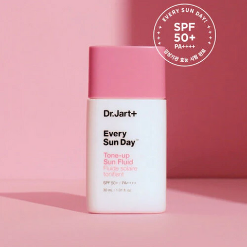 Dr Jart+ Every Sun Day Tone Up Sun Fluid SPF50+ on a pink background