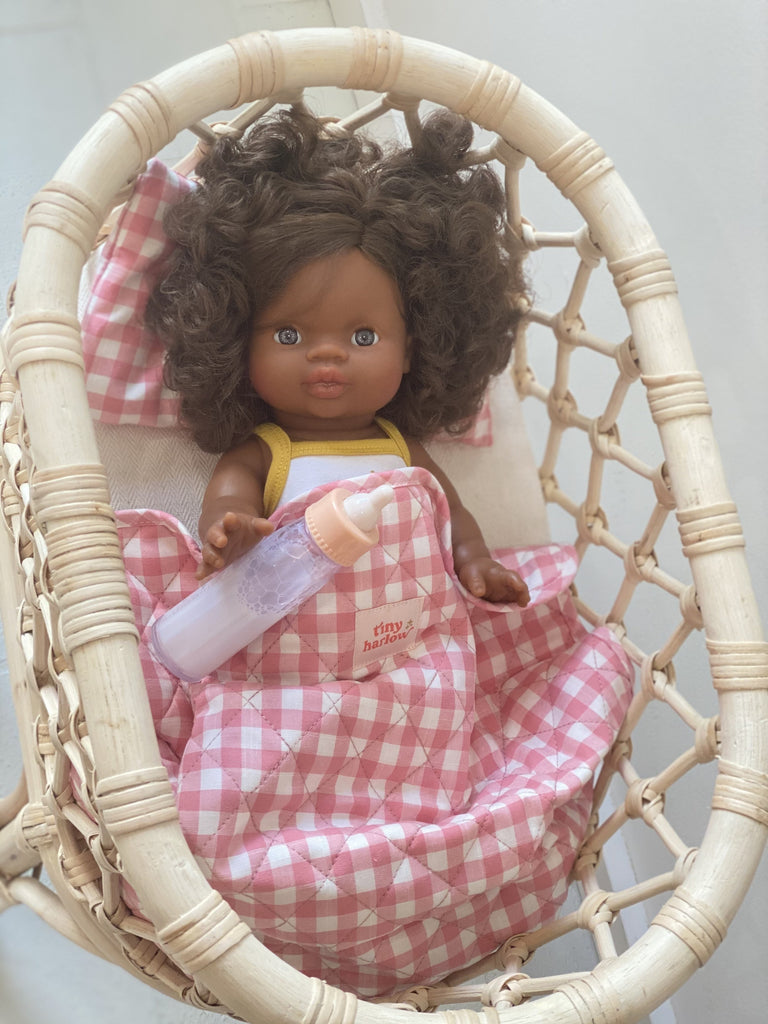 Tiny Harlow dolls bedding with doll in rattan standard bassinet
