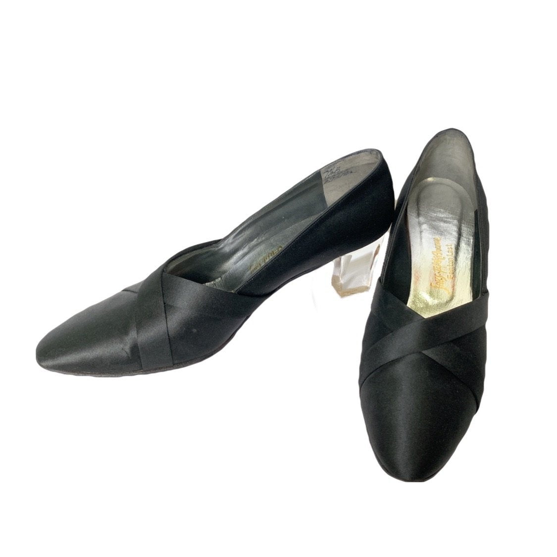 1960s Black Kitten Heel Pumps in Black Satin with a Lucite Heel. Made