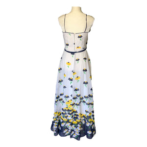 1960s Floral Summer Maxi Dress by Miss Elliette with Capelet. Blue and Yellow Daisies Flower Pattern. - Scotch Street Vintage