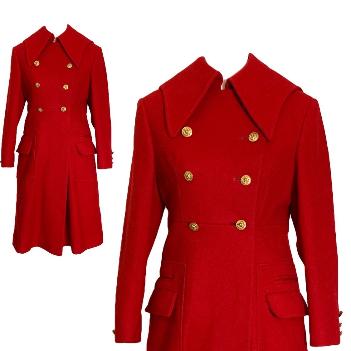 1960s Red Wool Coat by Preen. Warm Winter Coat. Military and Sailor St