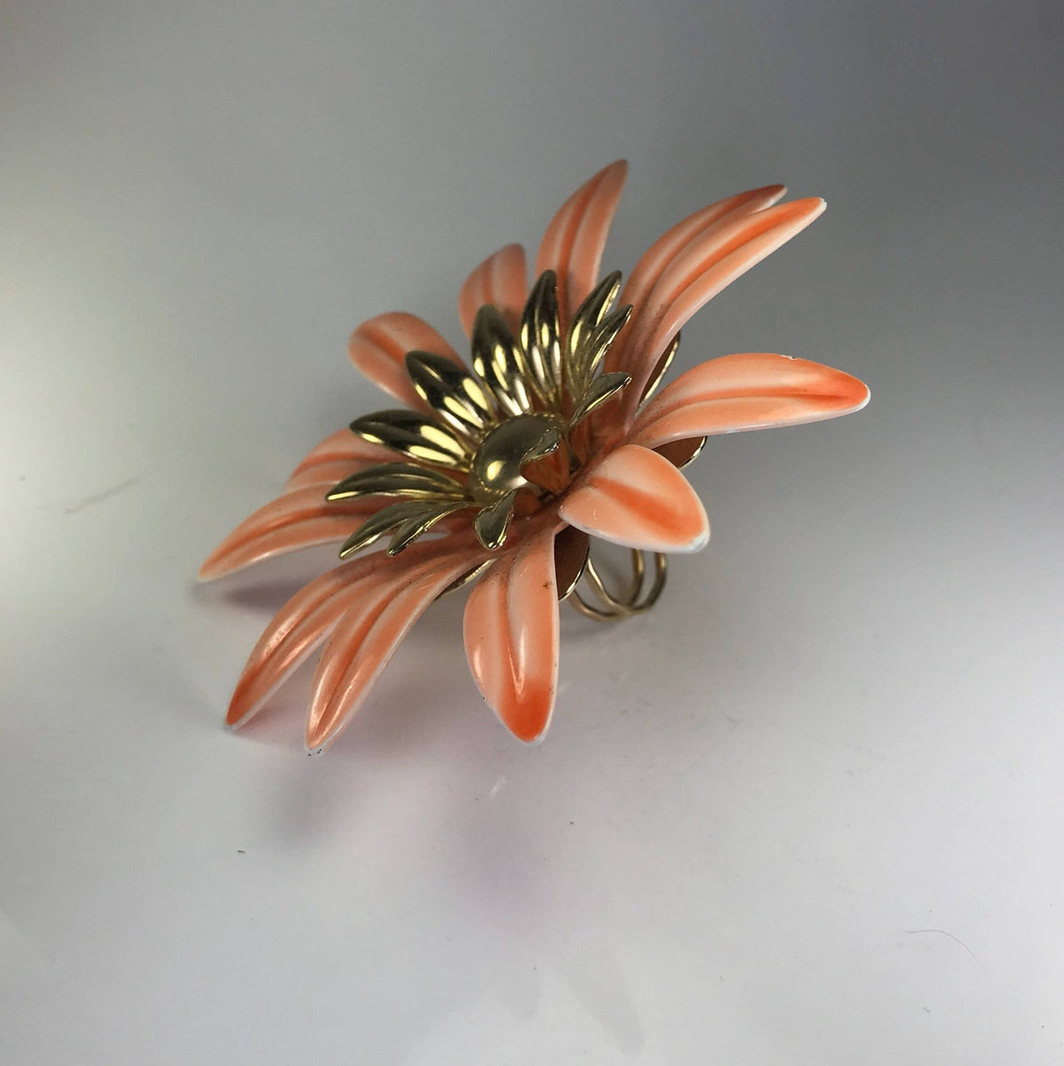 Upcycled Flower Statement Ring. Peach Gold Tone Flower. Vintage Recycl