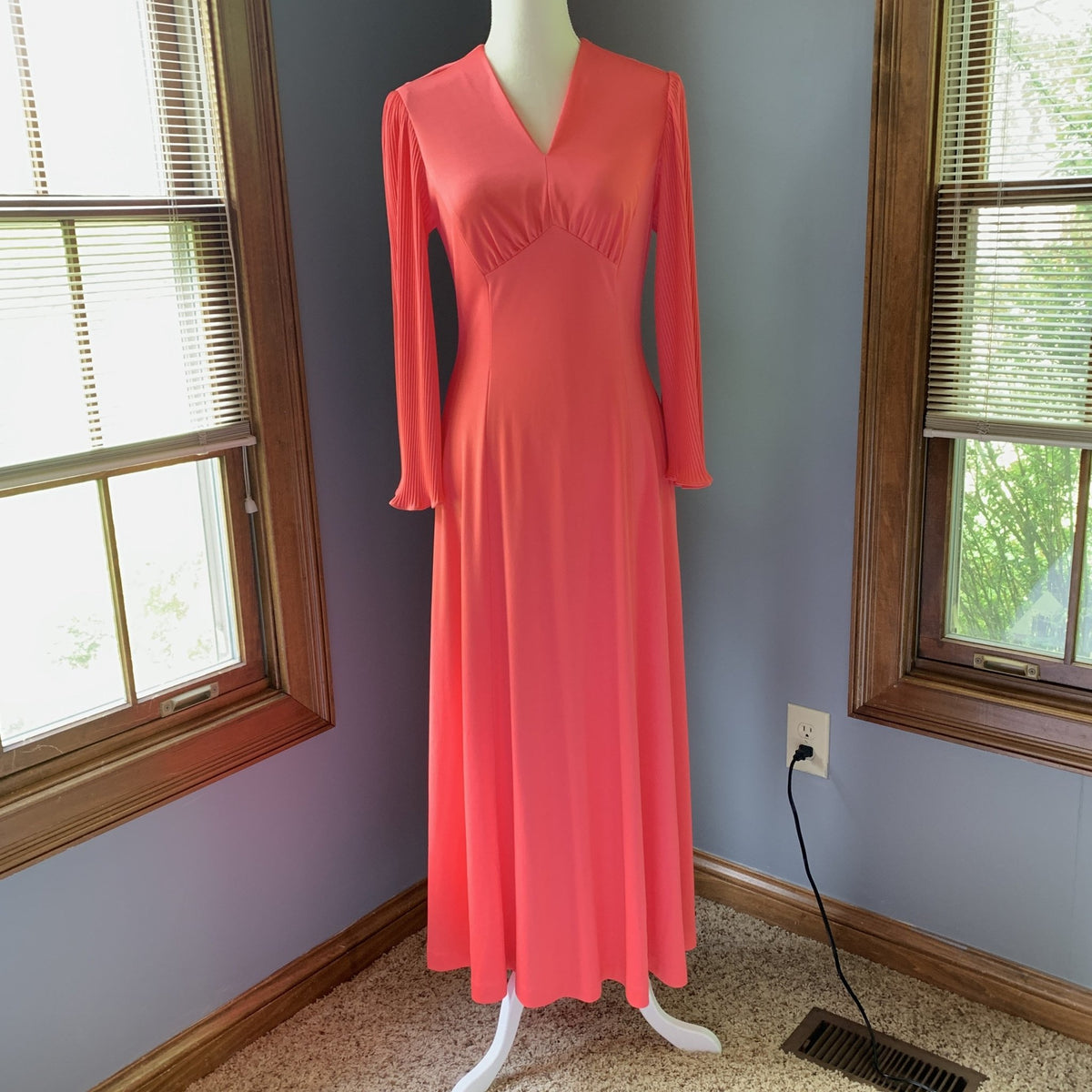 Vintage Coral Maxi Dress by Edith Flagg with Elegant Full Mini Pleat A