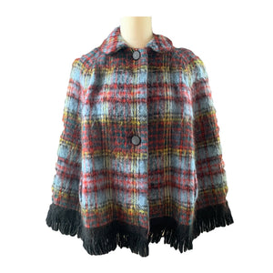 Vintage Mohair Wool Poncho or Jacket in Blue and Red Plaid from Strath