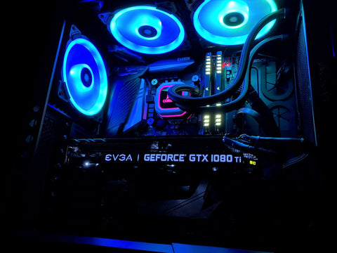 black gaming pc with blue LED cooling system