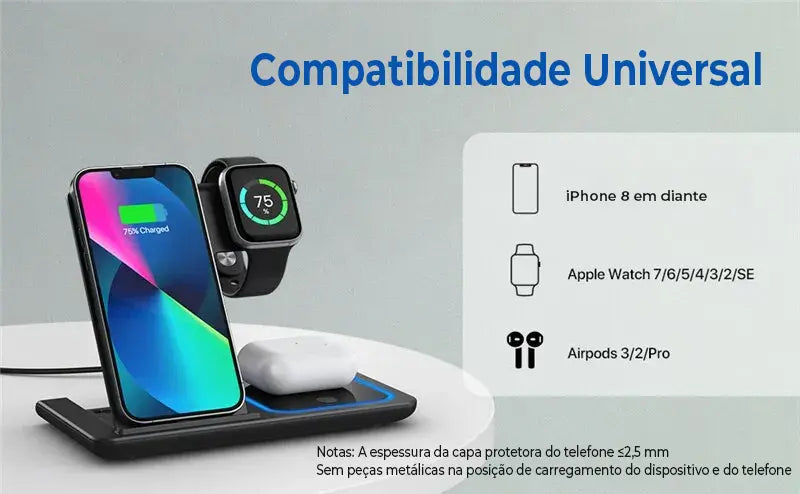 Carregador sem fio 3 em 1 para iPhone - Stand Pad