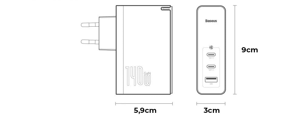 Carregador Triplo Baseus GaN 5 PRO de 140w