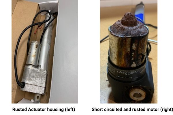 The image rusted actuator housing and short-circuited and rusted motor 