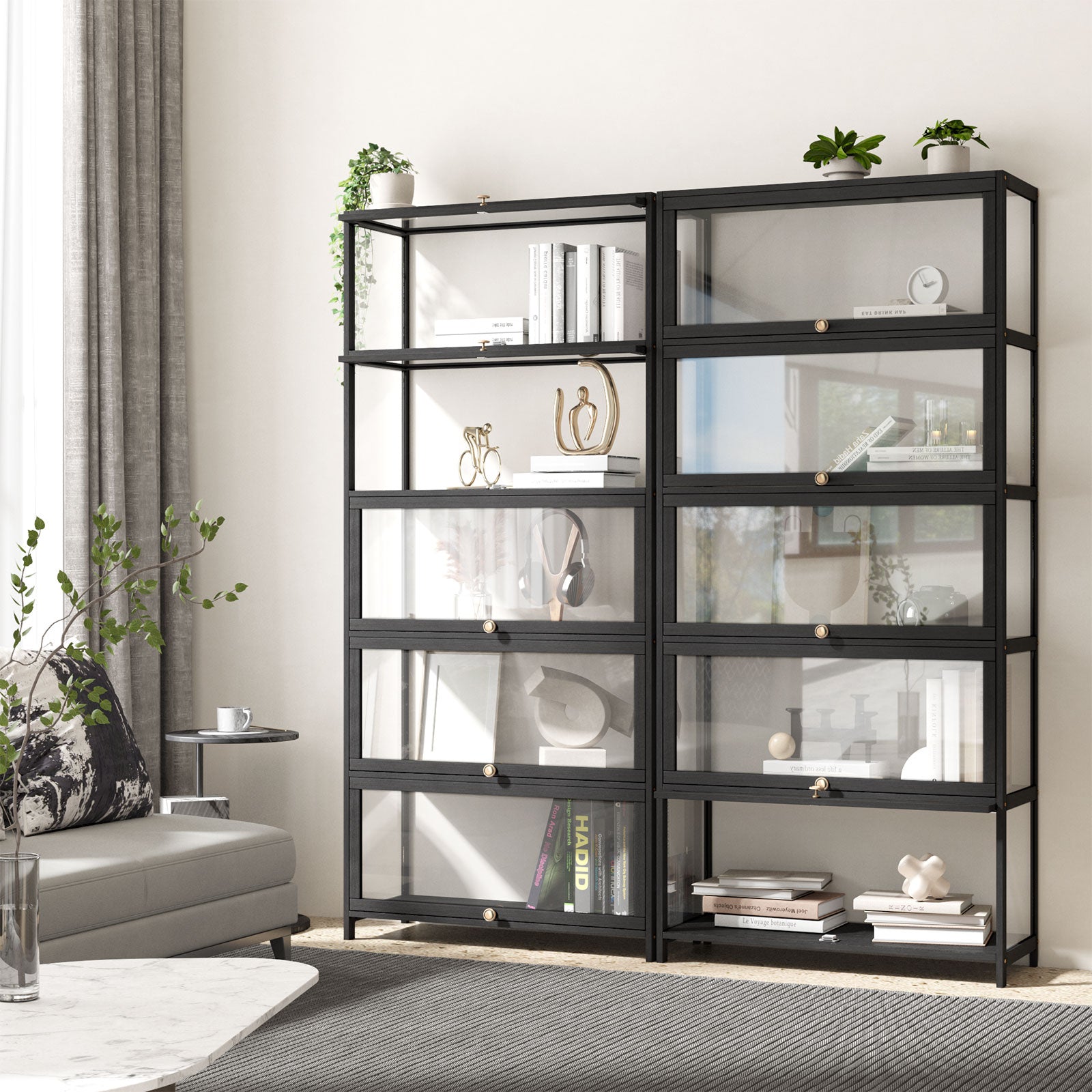 Oikiture Display Cabinet Storage 5-Tier Shelves Clear Bookcase Stand Rack Black