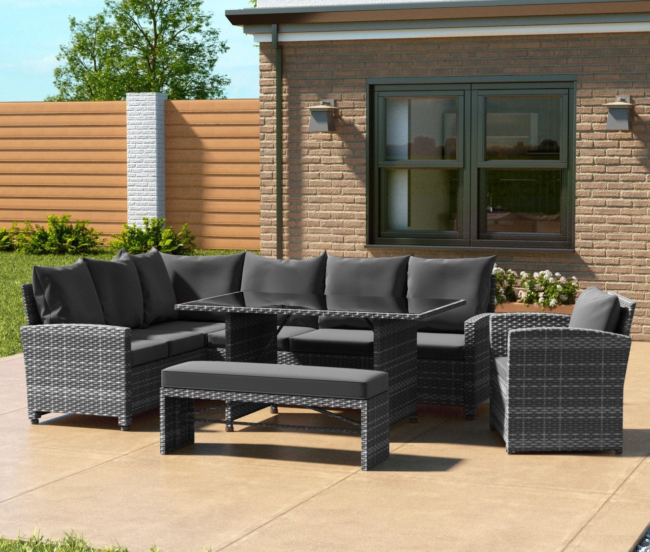 black rattan with grey cushions