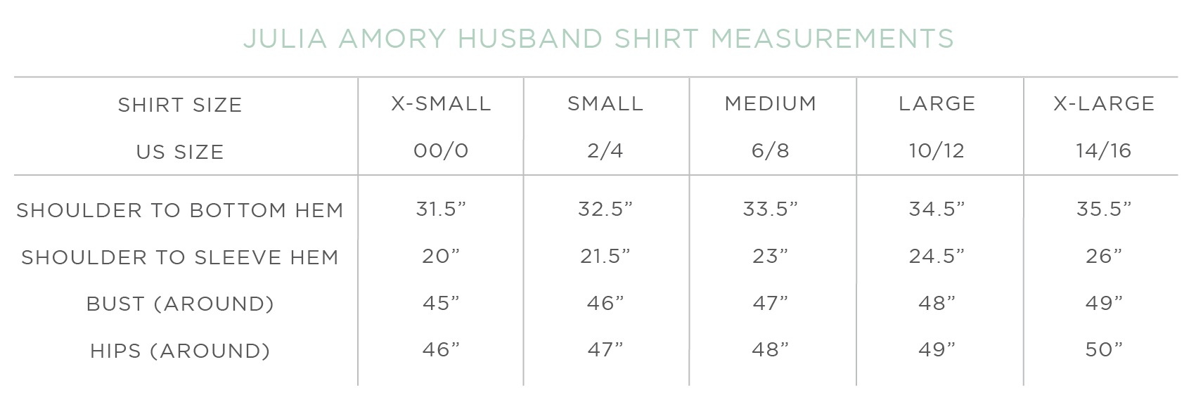 Apparel Size Guide – Julia Amory