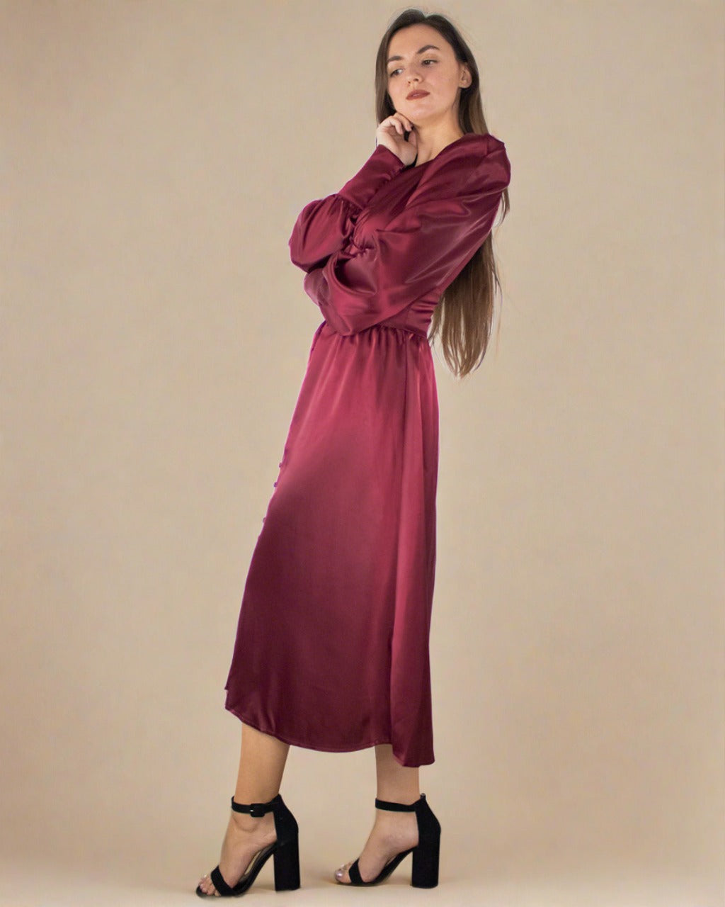 Burgundy Red Satin Long Sleeve Dress With Bishop Sleeves Adkn 9265