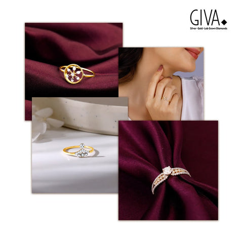 Flat lay of lab grown diamond jewellery with GIVA logo