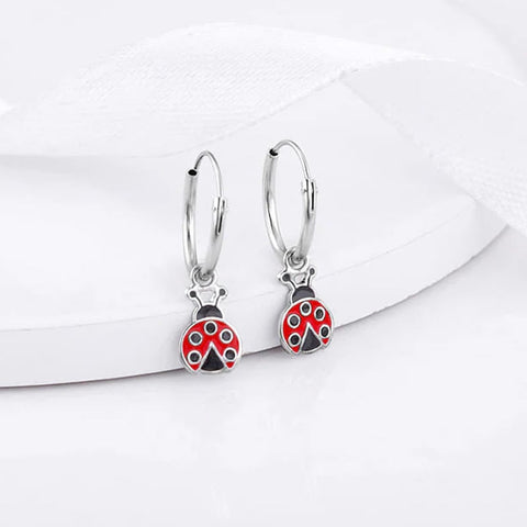 Silver Curious Ladybug Kids Hoop Earrings