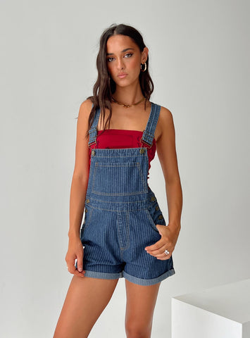 Shop Princess Polly Kacey Overalls In Mid Blue Pinstripe