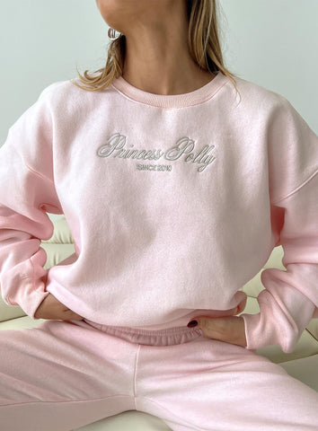 Shop Princess Polly Dream Fleece Princess Polly Crew Neck Sweatshirt Script In Baby Pink / Grey