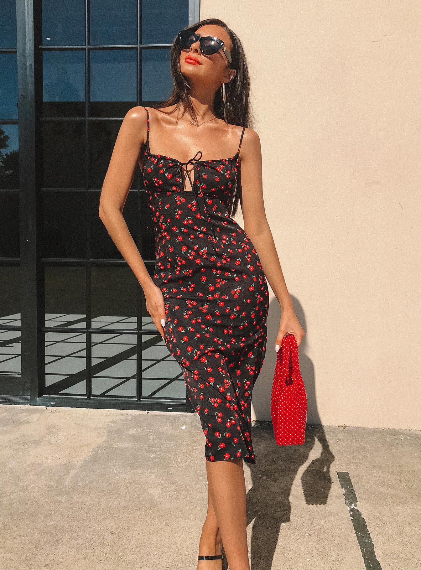 black and red floral midi dress