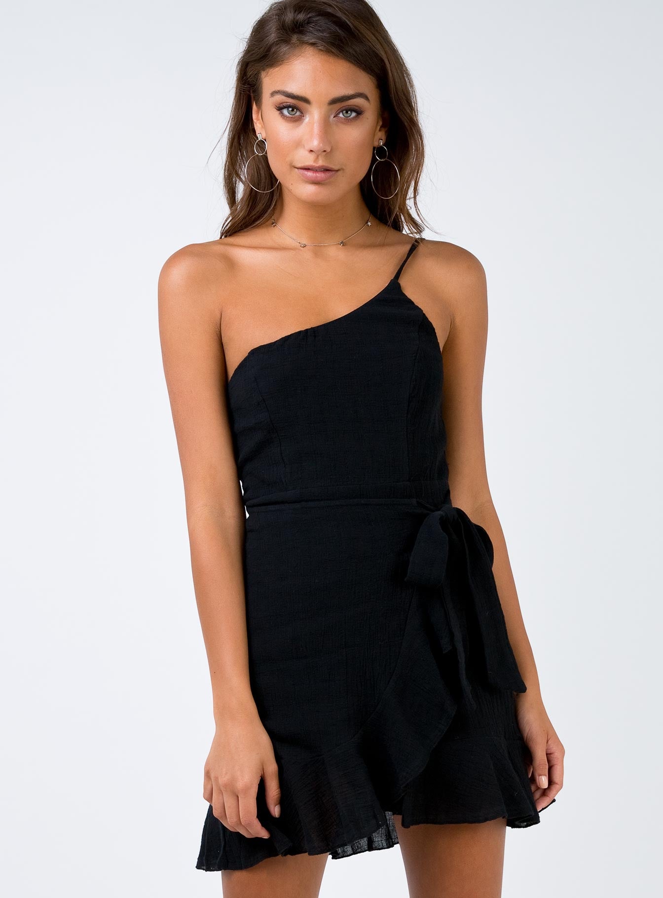 black dress off one shoulder