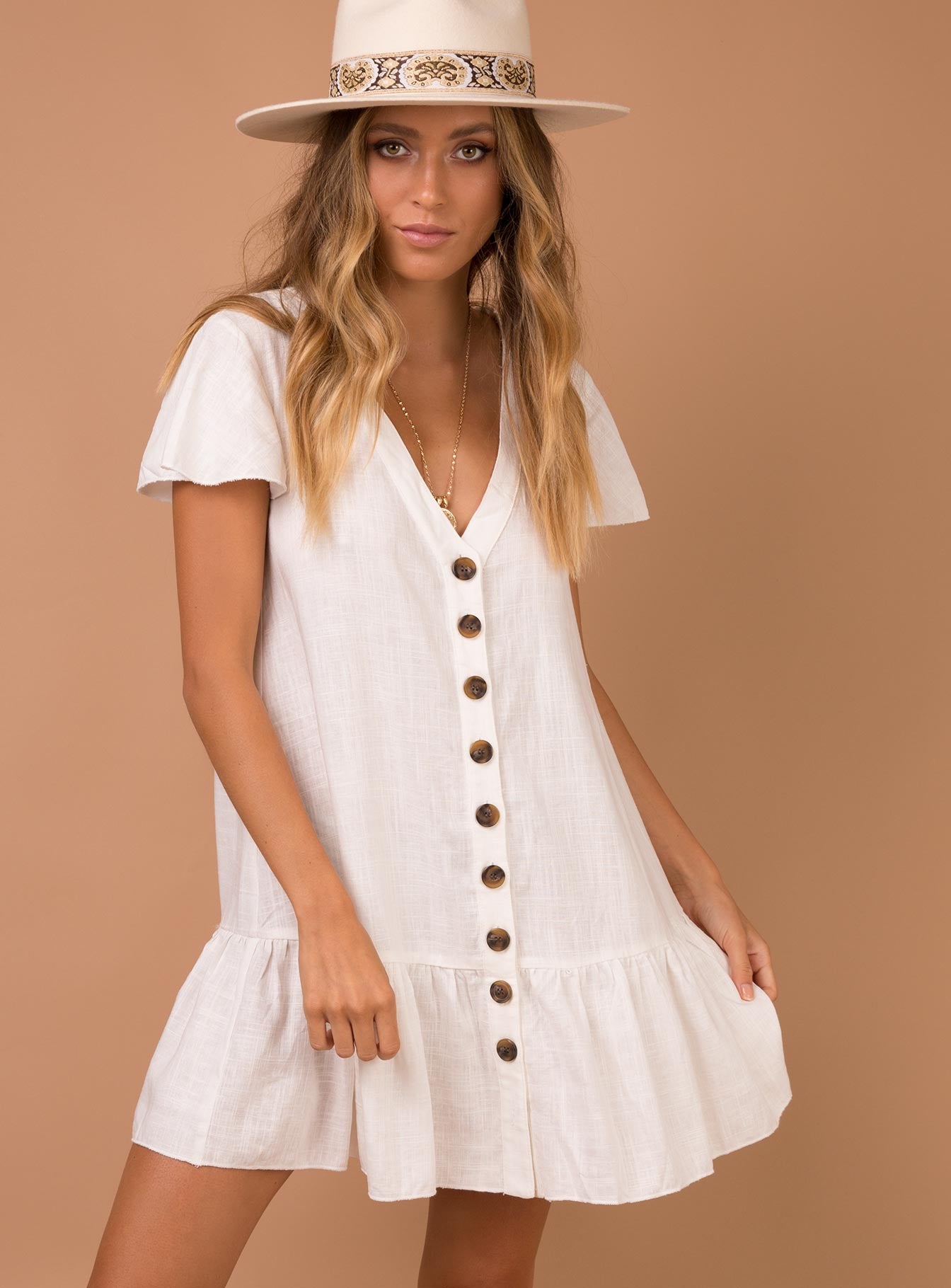 white linen button up dress