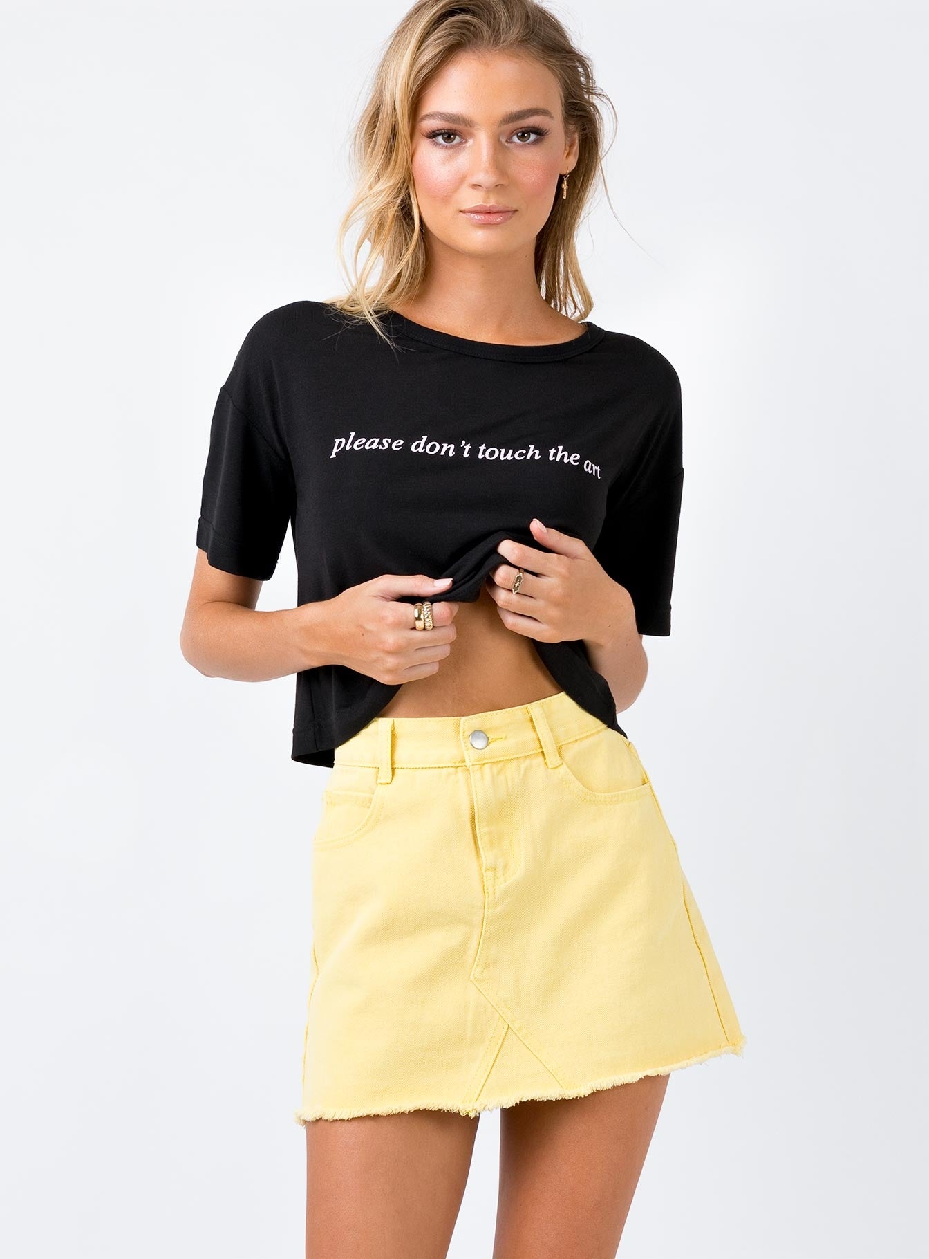 yellow denim mini skirt