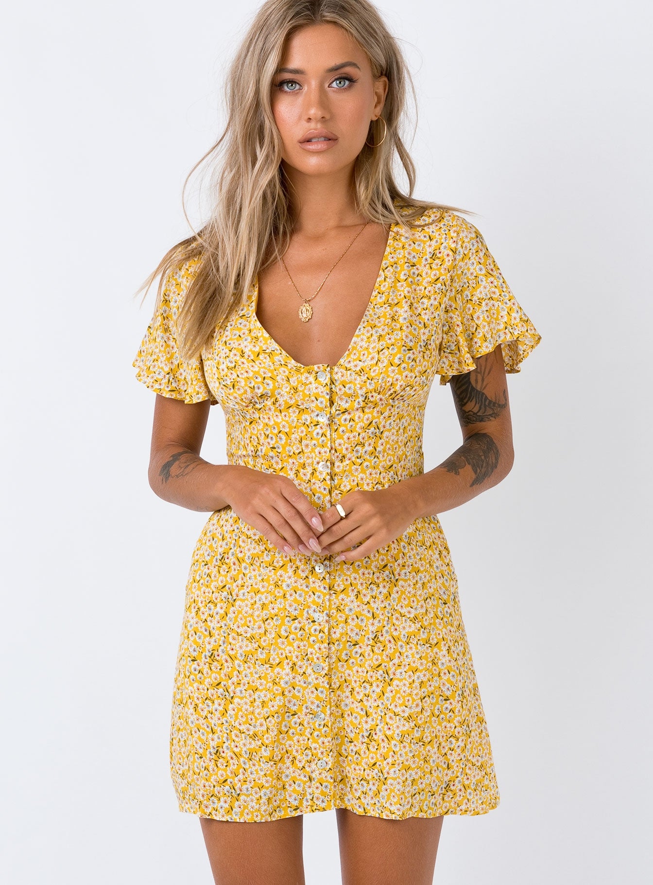 yellow floral button up dress