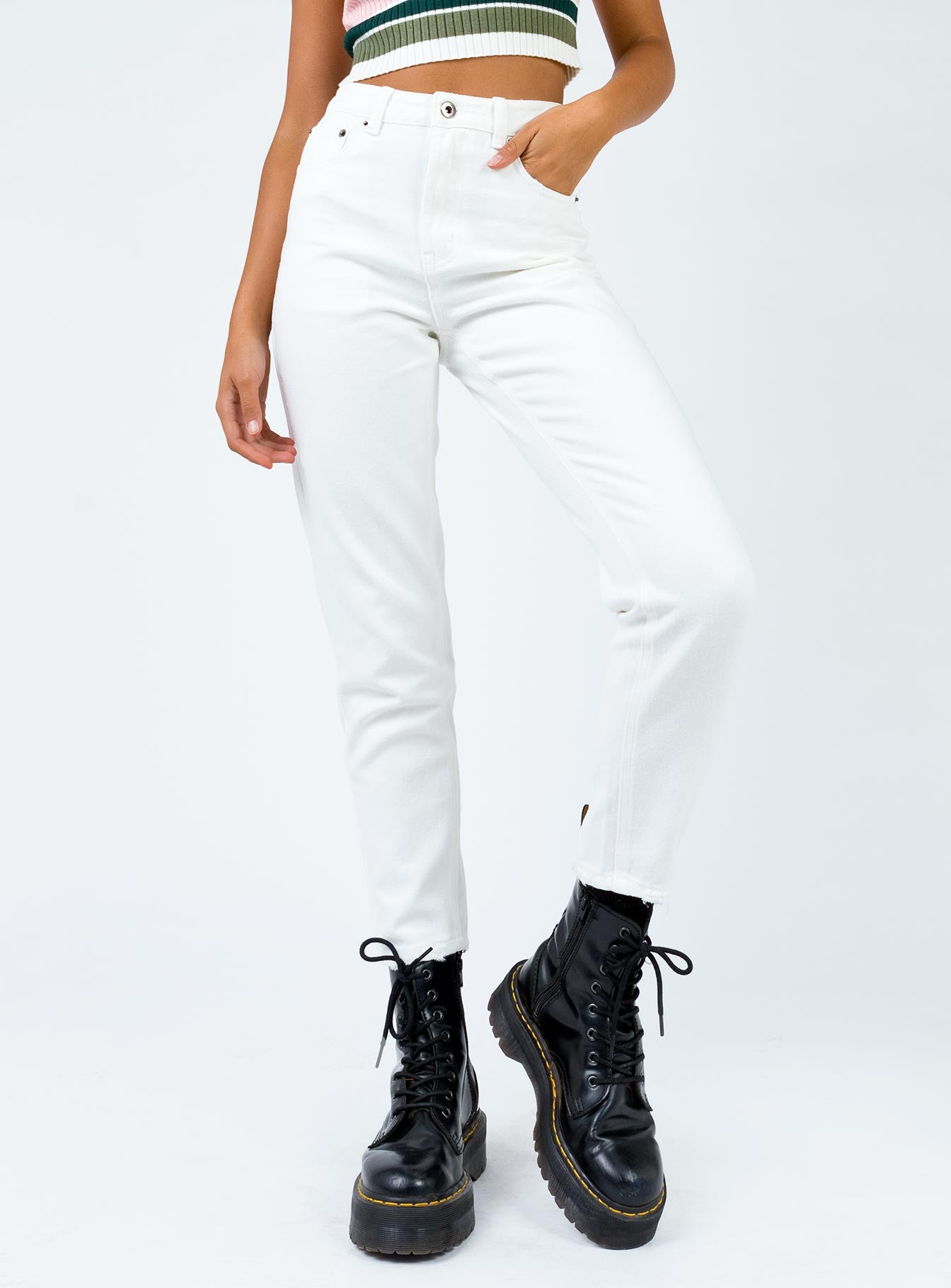 white denim straight leg jeans