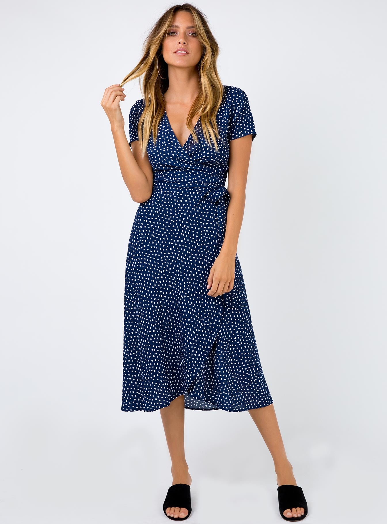 navy wrap midi dress