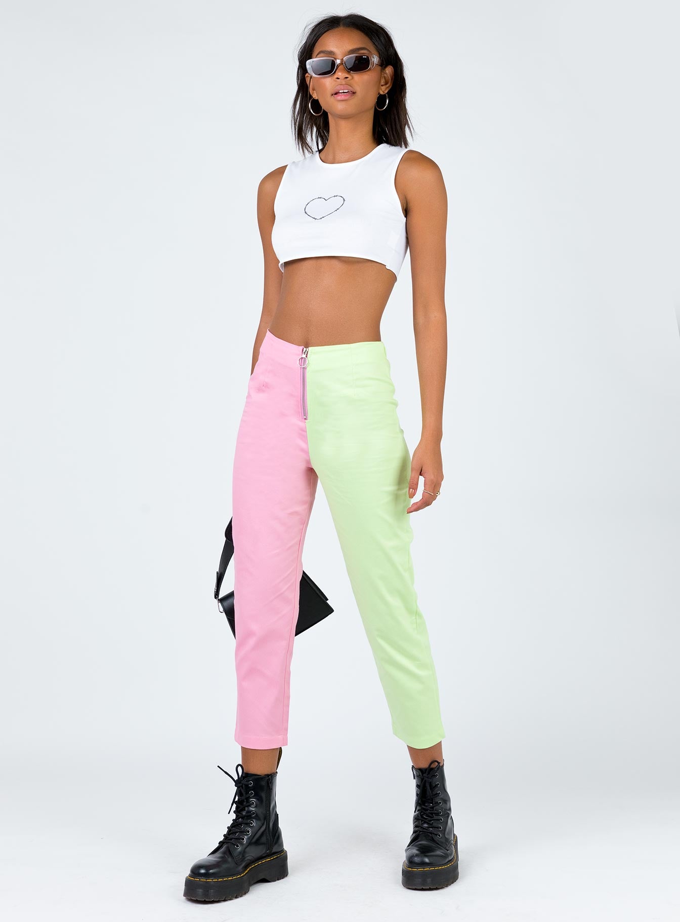 pink top green pants