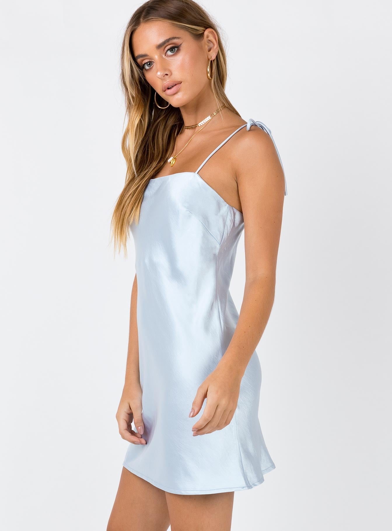 blue silk slip dress