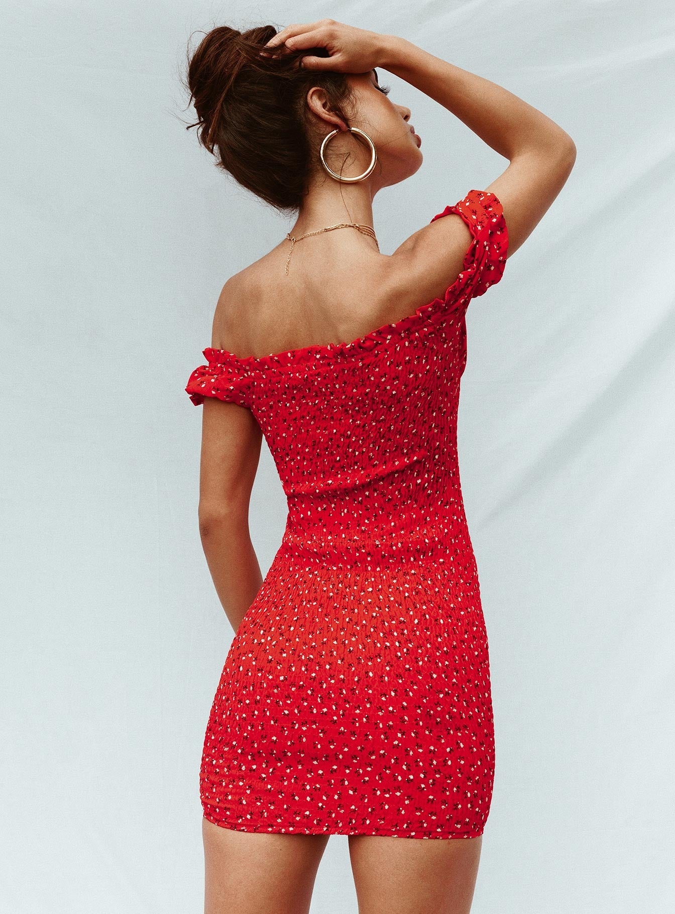 red floral dress off shoulder