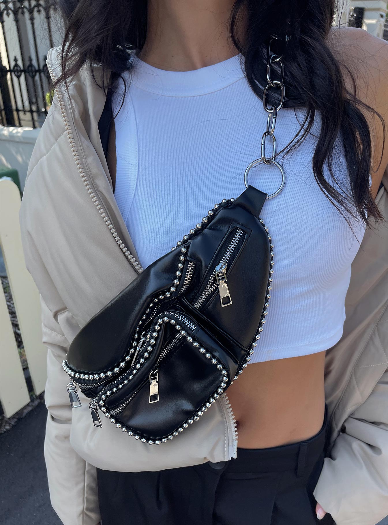 Topshop teddy double buckle sling fanny pack in black