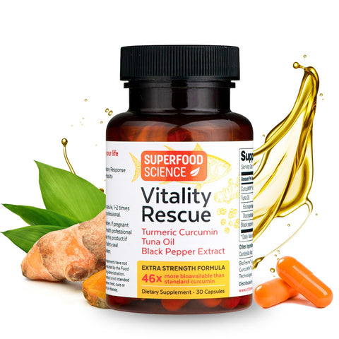 superfood science vitality rescue 46x turmeric curcumin tuna oil black pepper extract bottle for extra strength and pain