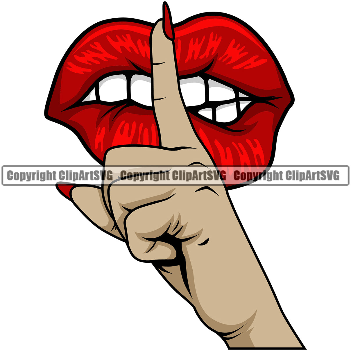 Lips Shh Shhh Finger Be Quite Shut Up Hand Gesture Sign Signal Symbol White Caucasian Design Element Woman Female Girl Lady Face Sexy Mouth Position Head Cartoon Character Mascot Creation Create Art Artwork Creator Business Company Logo Clipart SVG