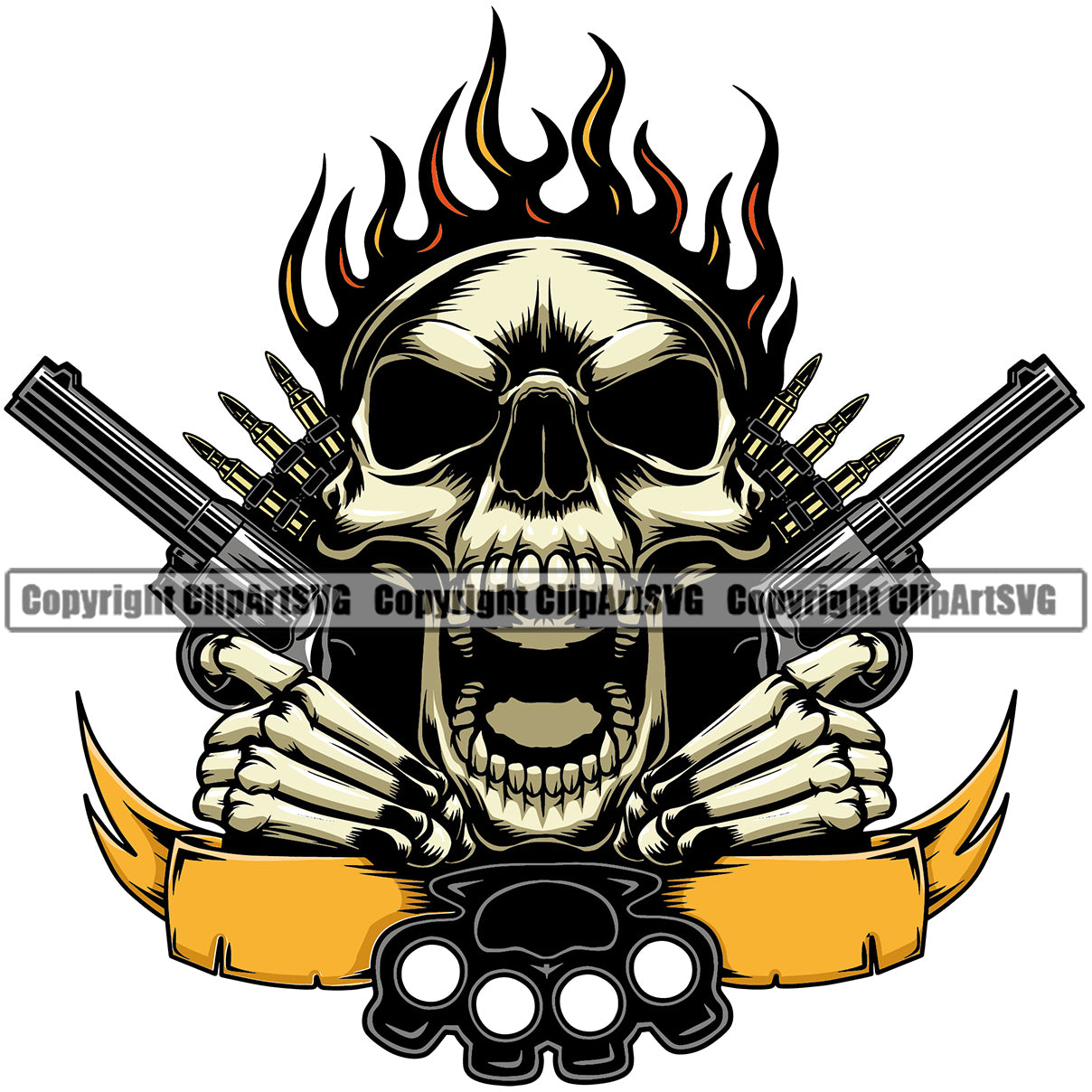 Skull Skeleton Open Face And Cross Hand Holding Gun Vector Color Face ...