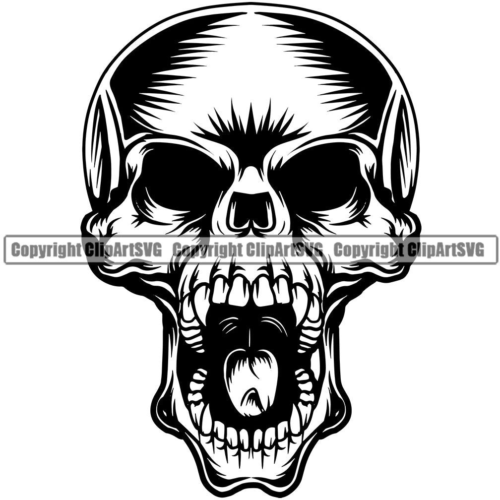 Skull Skeleton Yelling Fangs Open Mouth Black And White Design Element ...