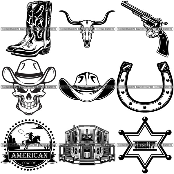 Download 9 Cowboy Western Rodeo Design Elements Old Wild West BUNDLE ClipArt SVG - ClipArt SVG