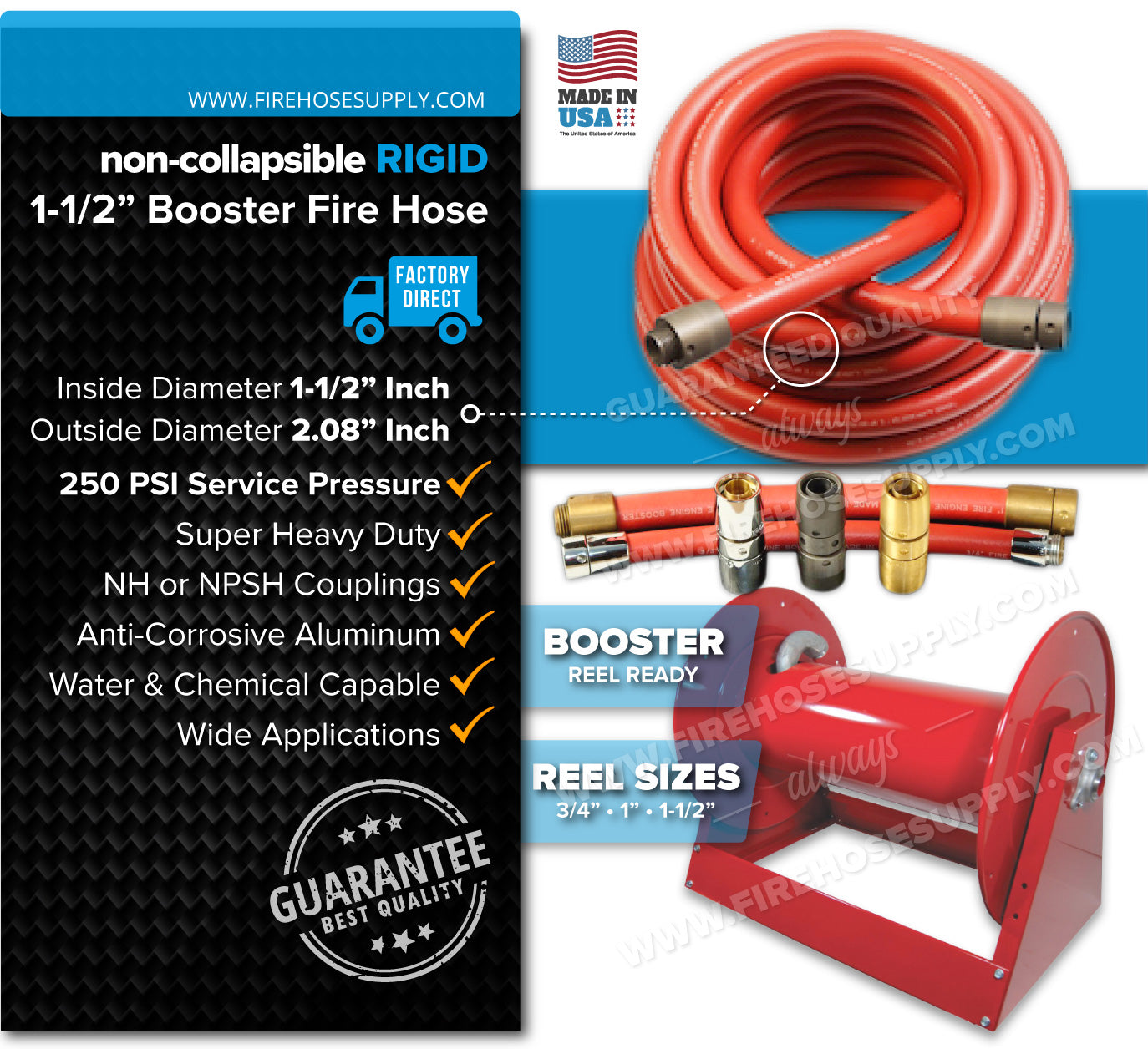 1-1-2 Inch Booster Fire Hose Aluminum Threads Couplings Overview 250psi