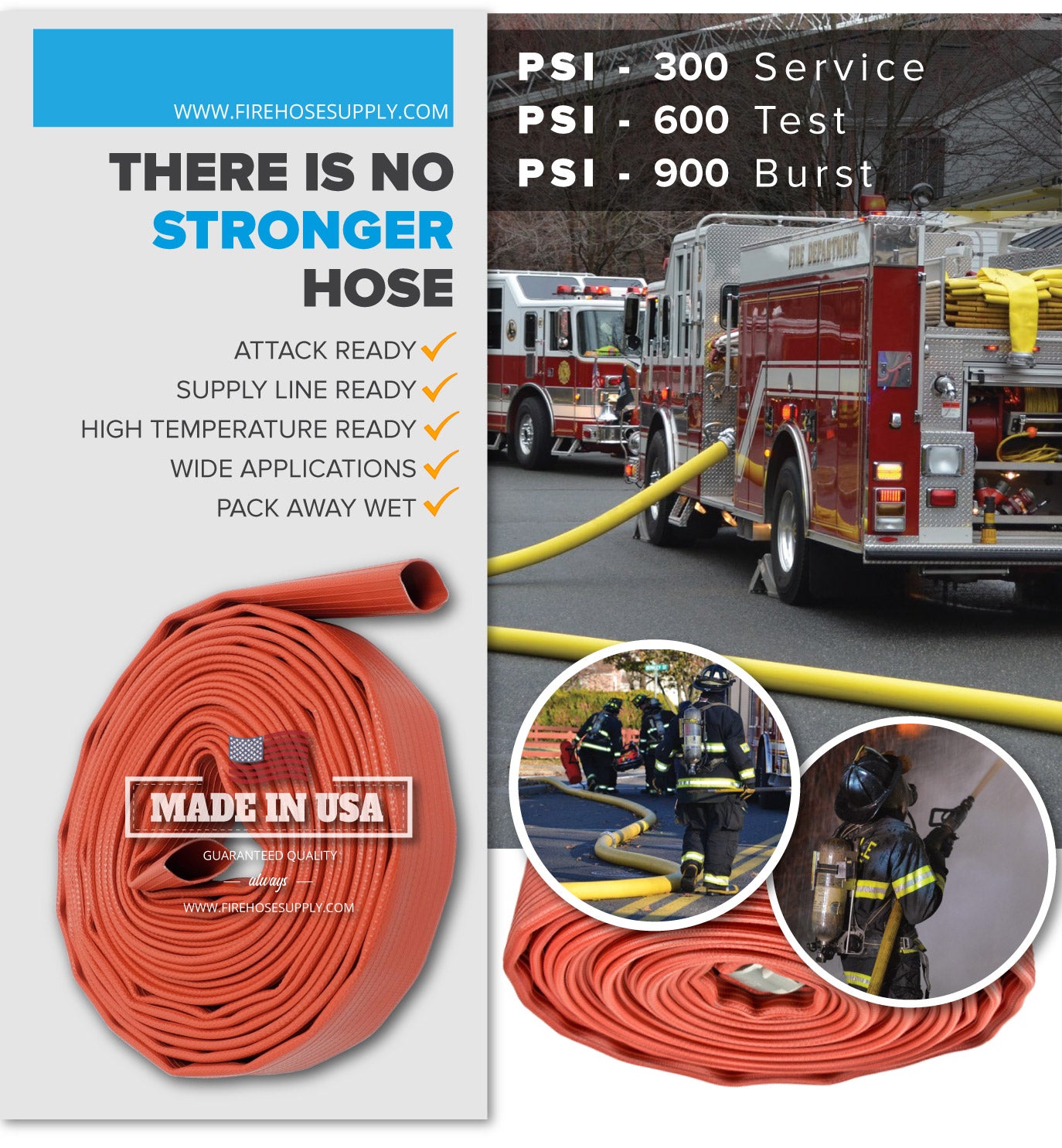 1.5 Inch Rubber Fire Hose Material Only Supply And Attack Ready Firefighter Red 600 PSI Test