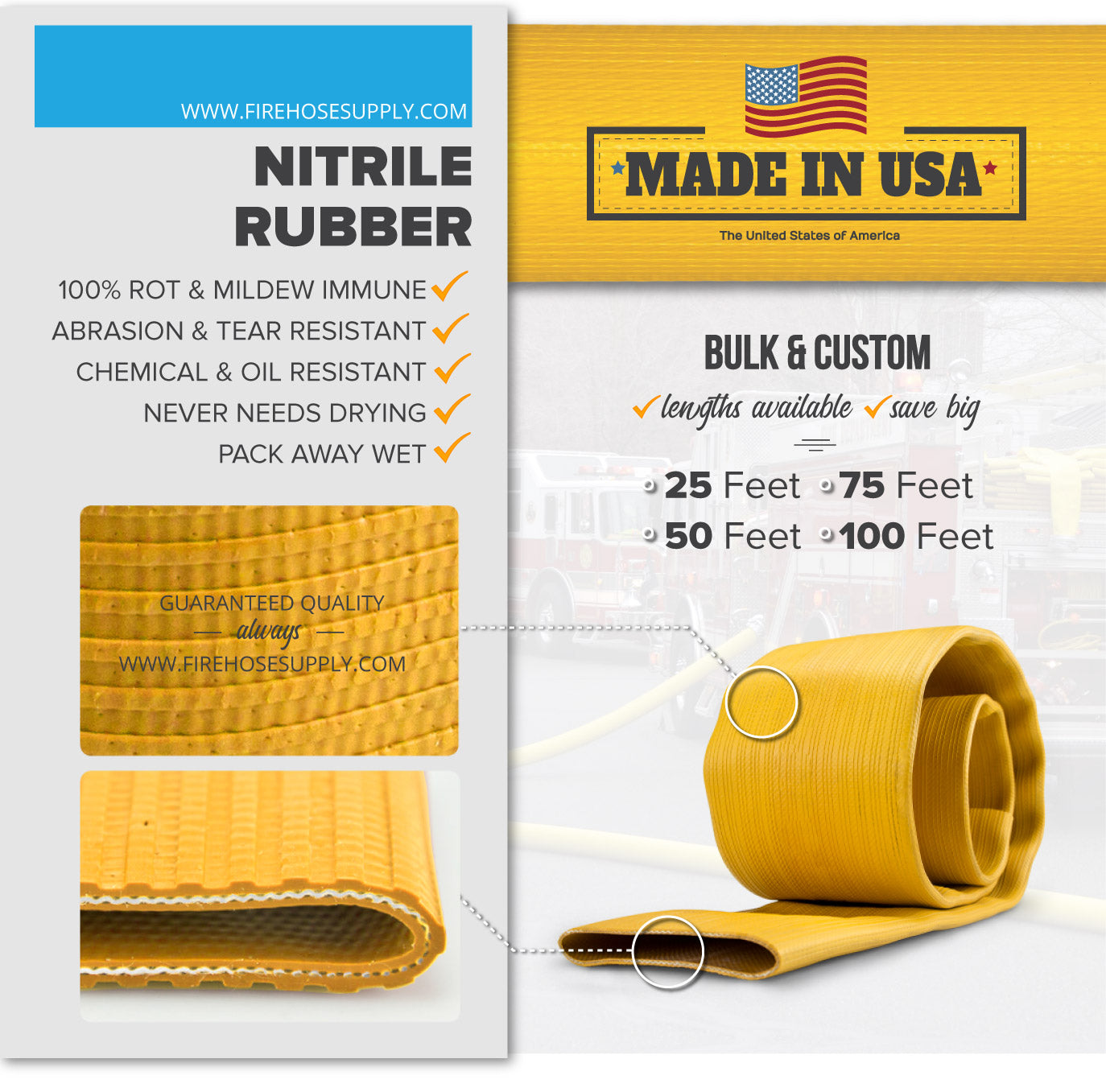 1.5 Inch Uncoupled Rubber Fire Hose Only No Connectors Yellow Nitrile 300 PSI