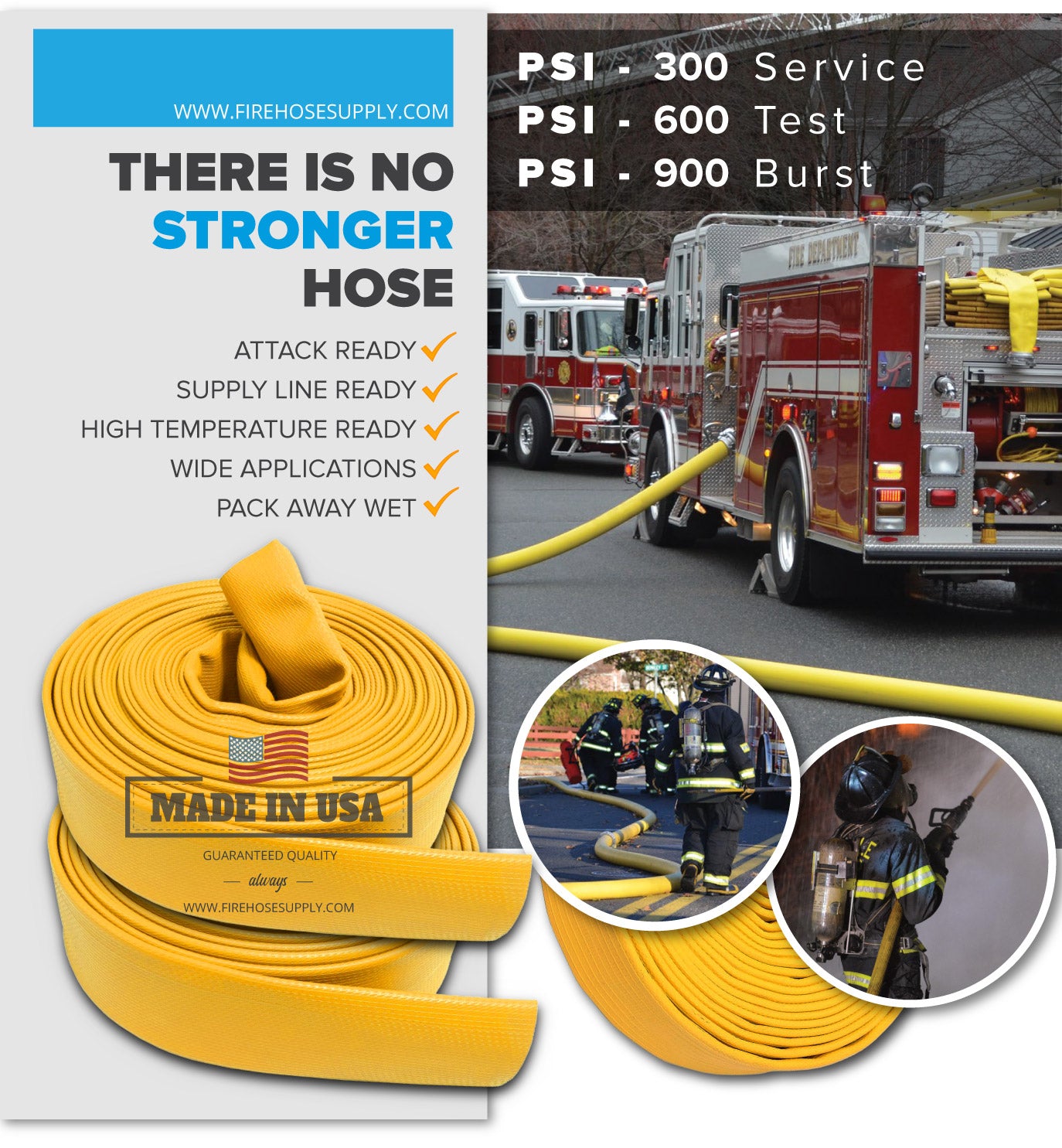 1.5 Inch Rubber Fire Hose Material Only Supply And Attack Ready Firefighter Yellow 600 PSI Test