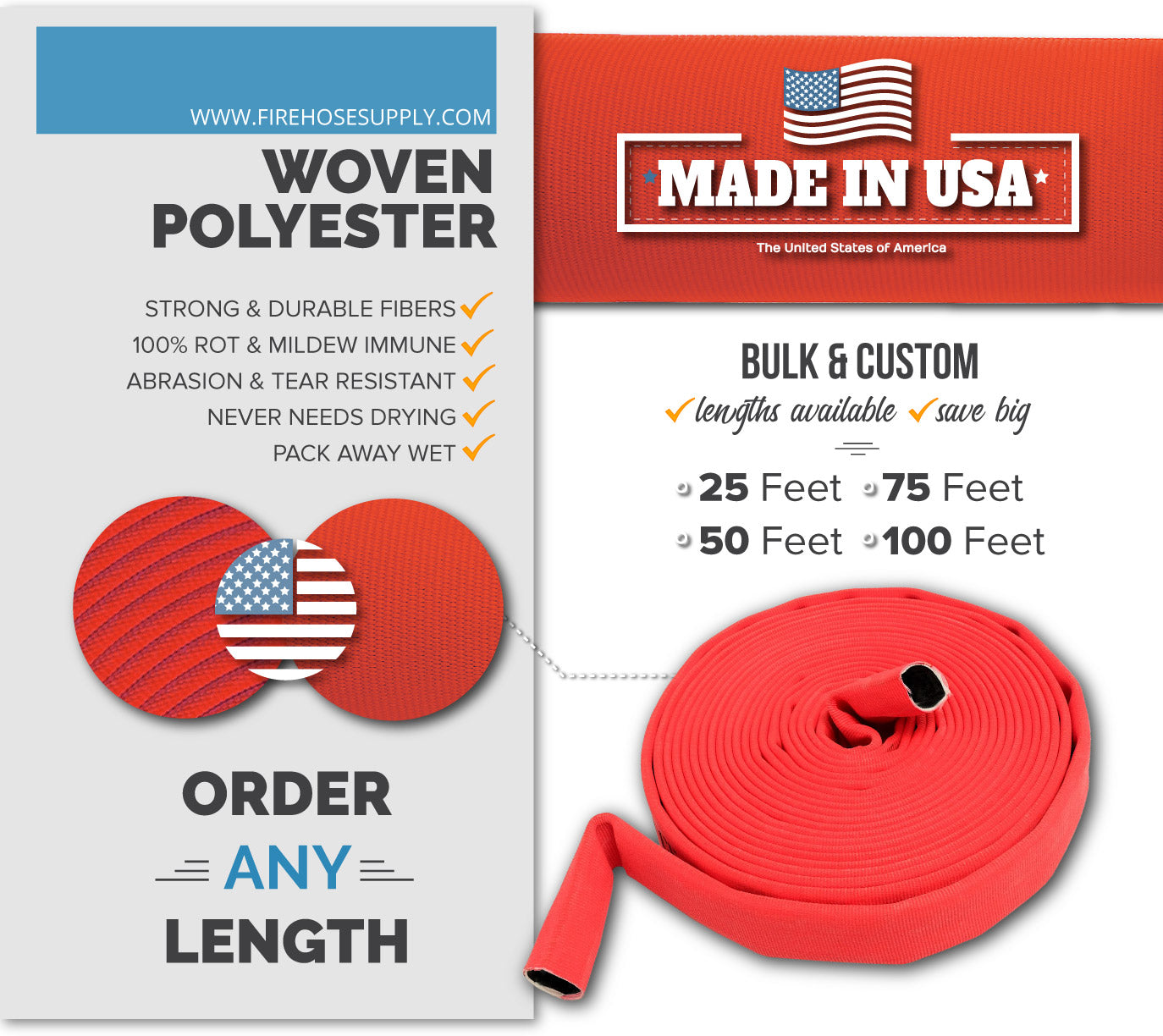 1.5 inch uncoupled fire hose only without connectors red double layer polyester material